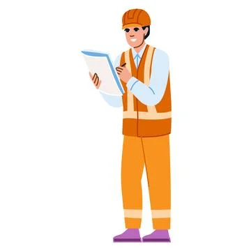 Smiling engineer writing notes on clipboard during site inspection 스톡 일러스트