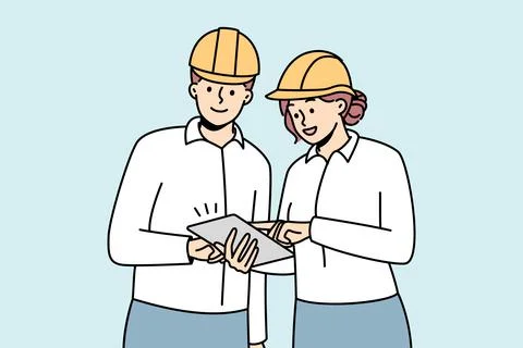 Smiling engineers in helmets cooperating at building site Stock Illustration