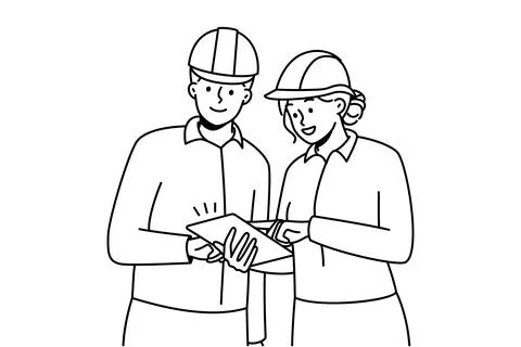 Smiling engineers in helmets cooperating at building site Stock Illustration