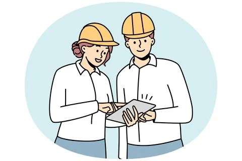 Smiling engineers in helmets cooperating at building site Stock Illustration