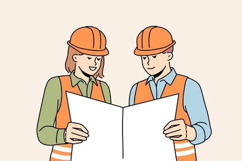 Smiling engineers study blueprint together Stock Illustration