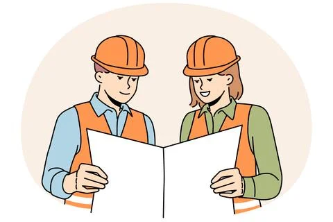 Smiling engineers study blueprint together Stock Illustration