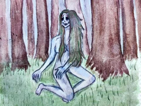 Smiling evil forest witch kikimora with long dirty hair sits naked on the g.. Stock Illustration