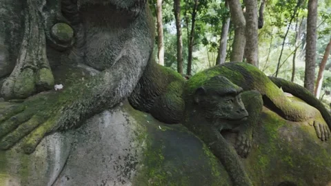 Smiling face and monkey statue in the Monkey Forest, Ubud, Bali, Indonesia. Stock Footage 271468497