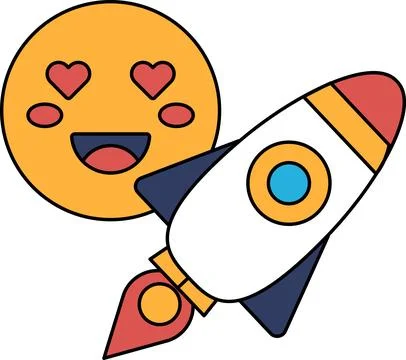 A smiling face with a heart on it is next to a rocket Stock Illustration
