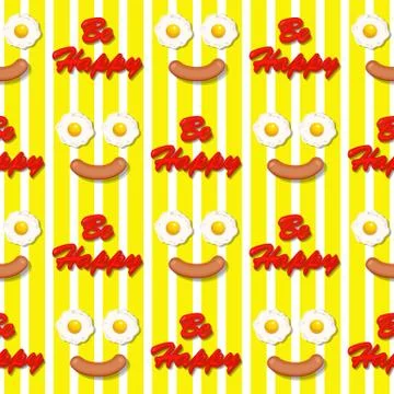 Smiling face make with fried eggs and sausage seamless pattern Stock Illustration