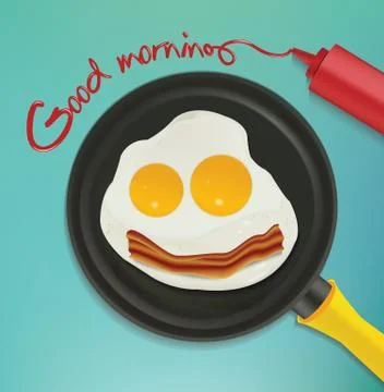 Smiling face make with frying eggs and bacon, vector illustration. Illustrazione stock