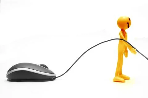 Smiling face pulling a computer mouse. conceptual Stock Illustration