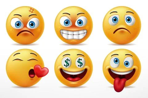 Smiling Faces Emoticon Character Set, Facial Expressions of Cute Yellow Fac.. Illustrazione stock
