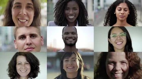 Smiling faces of happy multiethnic people posing Video stock 114571785