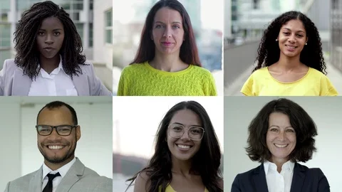 Smiling faces of happy people looking at camera. Video stock 114571592