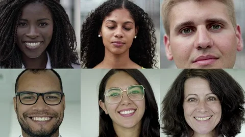 Smiling faces of multiethnic people looking at camera Video stock 114573995