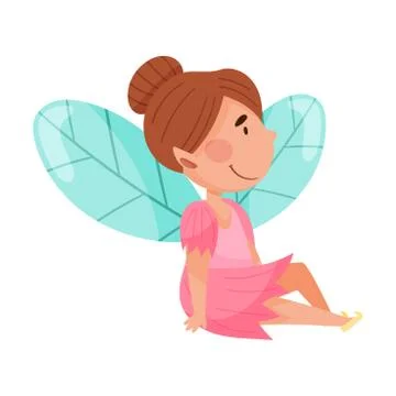 Smiling Fairy or Pixie with Wings Sitting on Ground Vector Illustration 스톡 일러스트