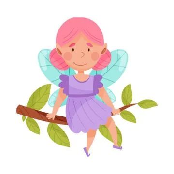 Smiling Fairy or Pixie with Wings Sitting on Tree Branch Vector Illustration 스톡 일러스트