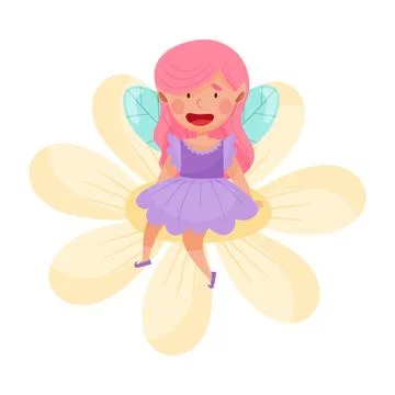 Smiling Fairy or Pixie with Wings Sitting on Flower Vector Illustration 스톡 일러스트