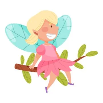 Smiling Fairy or Pixie with Wings Sitting on Tree Branch Vector Illustration 스톡 일러스트