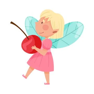 Smiling Fairy or Pixie with Wings Holding Cherry Vector Illustration Stock Illustration