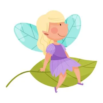 Smiling Fairy or Pixie with Wings Sitting on Leaf Vector Illustration Stock Illustration