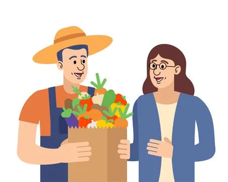 Smiling farmer handing over a box of fresh vegetables to a woman. Concept o.. Ilustração Stock