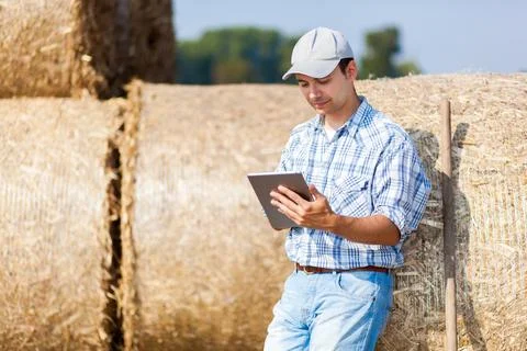 Smiling farmer using a tablet Stock Photos