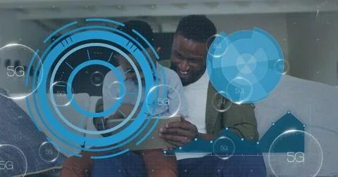 Smiling father and son exploring superimposed 5G data overlays on home sofa, Stock Illustration