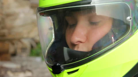 Smiling Female Biker Opening the Visor Stock Footage 55320476