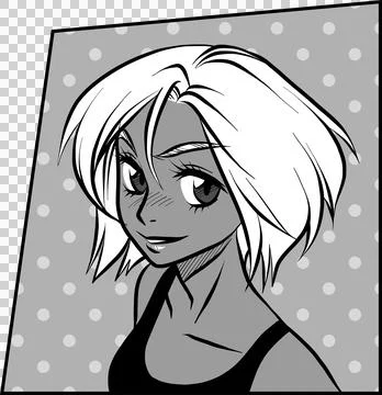 Smiling female bust is appearing in comic-style on slanted polka dot panel, Stock Illustration