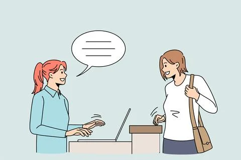 Smiling female client talk with receptionist at desk Illustration