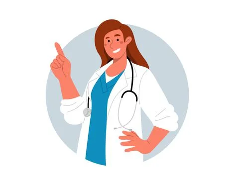 Smiling female doctor with stethoscope pointing with finger.Vector flat Illustrazione stock