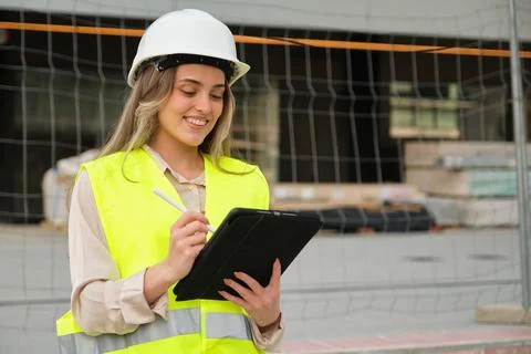 Smiling female engineer using tablet and stylus pen at construction site Stock Photos