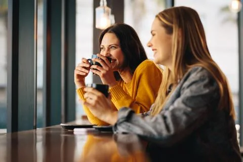 Smiling female friends in a coffee shop Stock Photos
