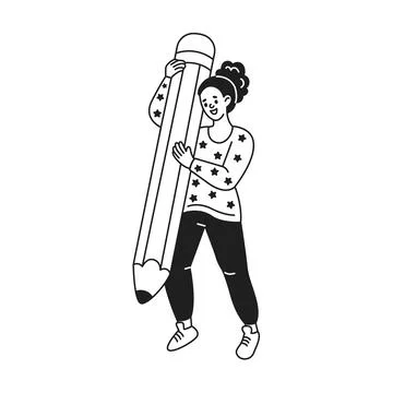 Smiling female jots down thoughts with big pencil linear icon Stock Illustration