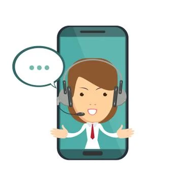 Smiling female operator with headset speaking from screen of a smart phone. Stock Illustration