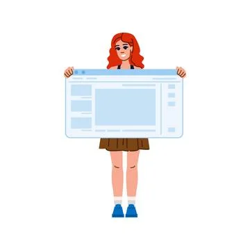 Smiling female web developer presenting a large web browser window, emphasizi Stock Illustration