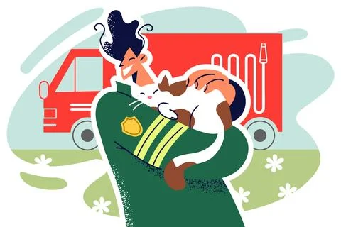 Smiling firefighter rescue cat from fire Stock Illustration