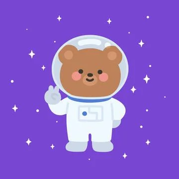 Smiling Flat Bear Astronaut Giving Thumbs Up in Starry Purple Space Stock Illustration