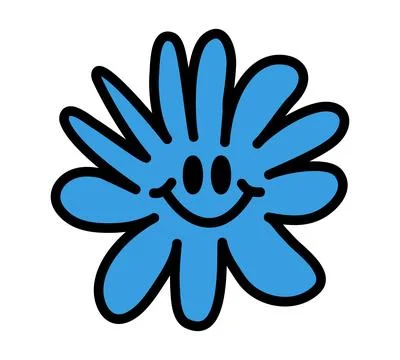 Smiling flower. Colorful Doodle, retro style. Daisy Bud with Blue petals. F.. Stock Illustration