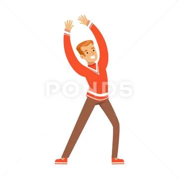 Smiling football fan character in red celebrating the victory of his team vector Stock Illustration