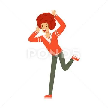 Smiling football fan character in red wig celebrating the victory of his team Stock Illustration