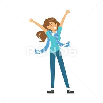 Smiling football fan girl character in blue celebrating the victory of his team Stock Illustration