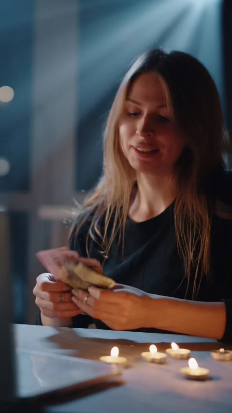 Smiling fortune teller receiving cash by candlelight Vídeos de archivo 316823909