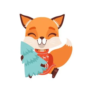 Smiling fox character wearing red sweater sitting and holding fir tree, funny 스톡 일러스트