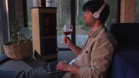 Smiling freelancer drinking wine and using a laptop in the living room sitting Stock Footage 245992848
