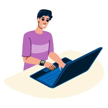 Smiling freelancer wearing a smartwatch is working on a laptop, showcasing th Stock Illustration