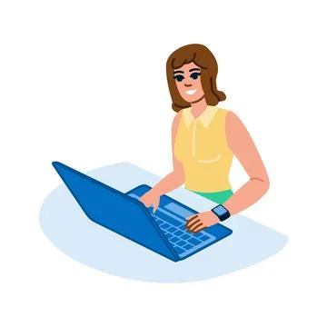 Smiling freelancer working on laptop at home office desk Stock Illustration