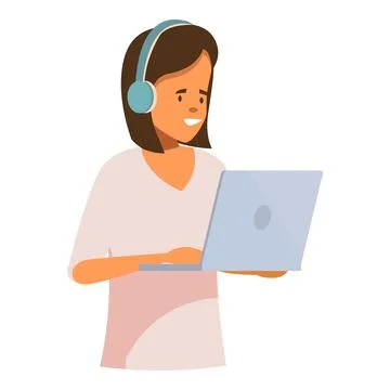 Smiling freelancer working remotely using laptop and headphones 스톡 일러스트