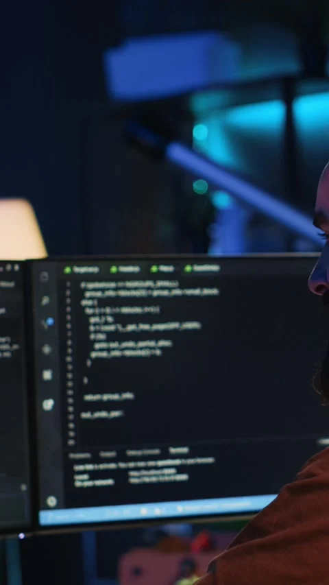 Smiling freelancing developer in home office doing coding on computer Stock Footage 264512649