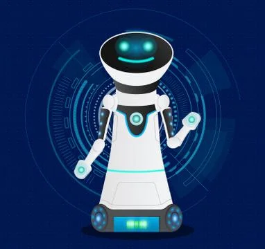 Smiling friendly futuristic cyborg with artificial intelligence. Technological Illustrazione stock