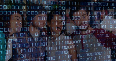 Smiling friends with binary code animation overlaying in school setting Stock Footage 306215434