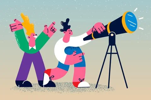 Smiling friends look in telescope seeing stars Stock Illustration
